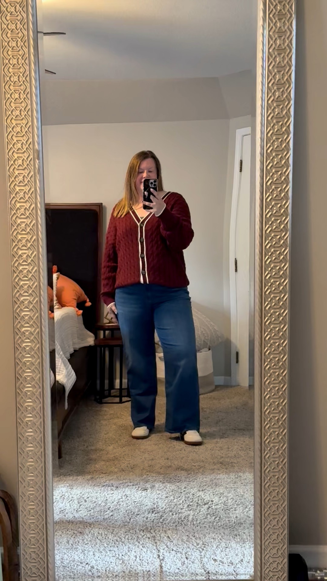 This cardigan comes in multiple colors.  But I loved the detail on this one. Wearing an xl. Denim is a size 18. 
Fall outfit. Maroon. Burgundy. Sneakers  

#LTKMidsize #LTKSaleAlert #LTKOver40
