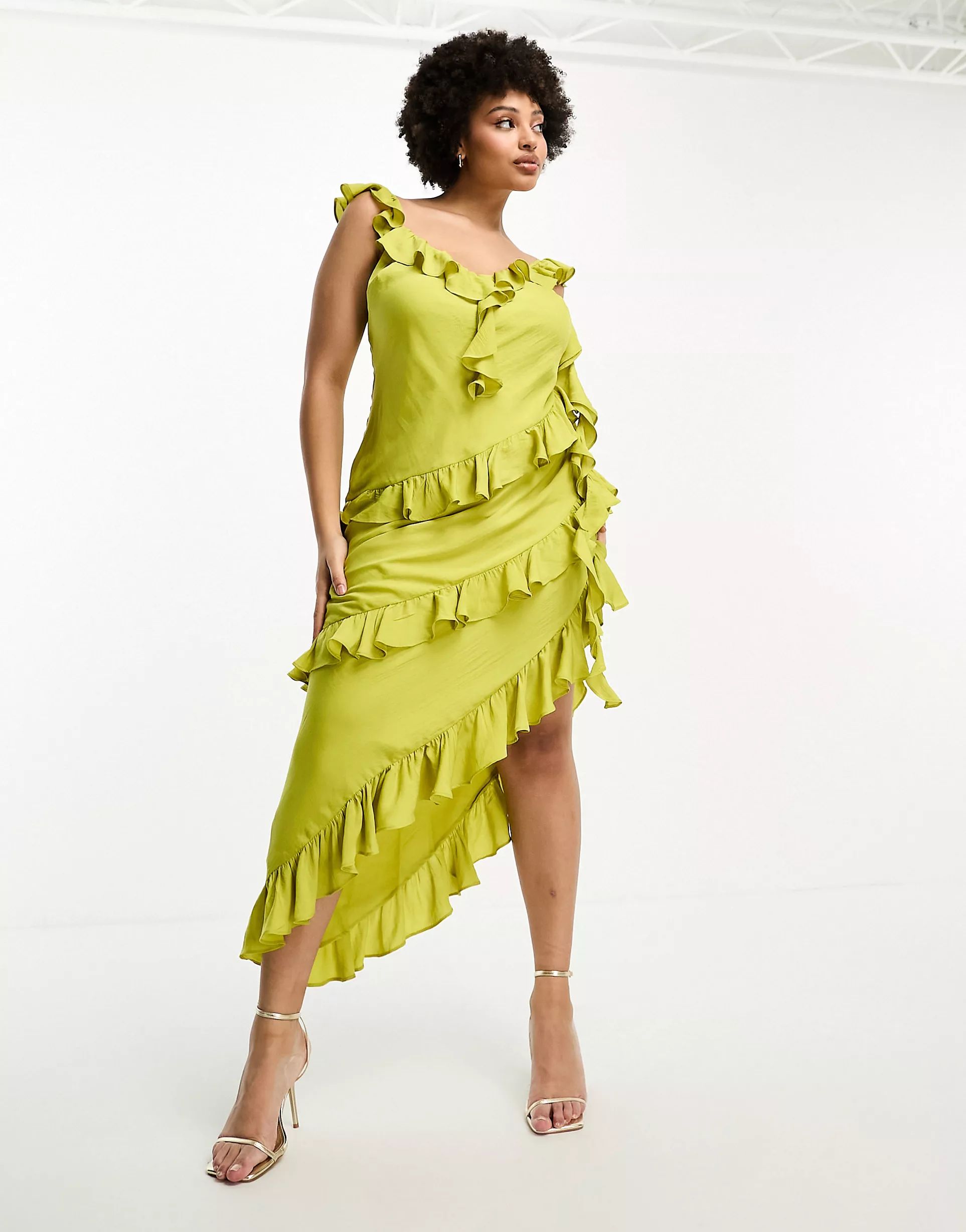 ASOS DESIGN Curve Exclusive ruffle cami maxi dress with drape detail in olive green | ASOS (Global)