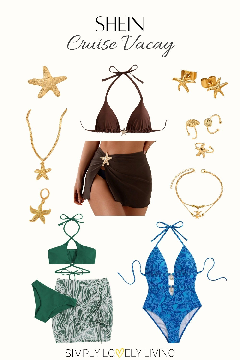 Shein Cruise vacation beach finds. Pool attire. Bikini set with gold star fish. One piece swimsuit. 3 piece green bikini with cover up skirt. Beach jewelry. Star fish jewelry: anklet, necklace, earrings, rings, hair clip. #shein #vacation #cruise

#LTKTravel