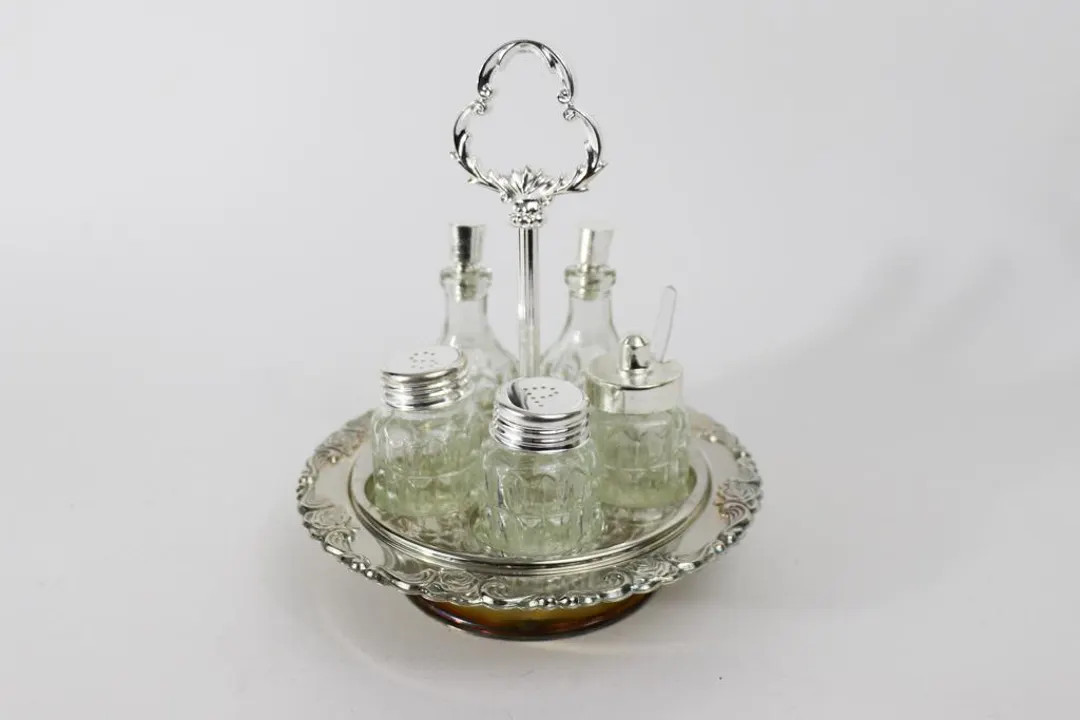 Vintage Silver Plated Revolving Cruet Set With 5 Glass Bottles - Etsy | Etsy (US)