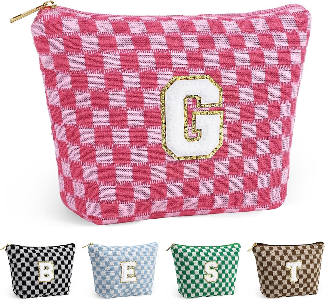 YOOLIFE Travel Makeup Bag - Monogram Cute Initial Makeup Bag, Checkered Cosmetic Toiletry Pouch T... | Amazon (US)