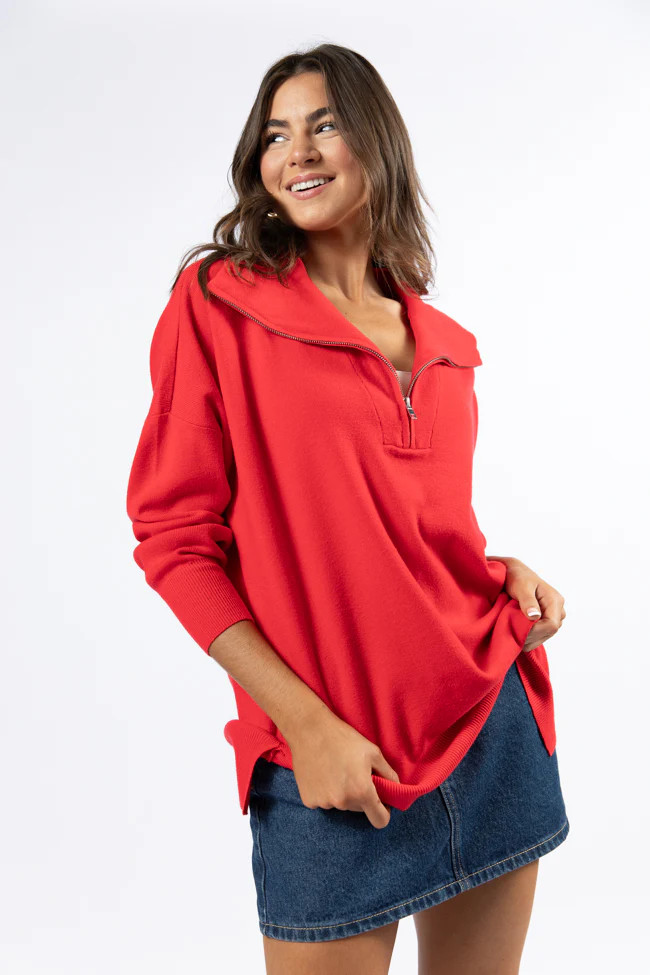 Pulling Heartstrings Red Quarter Zip Pullover | Pink Lily