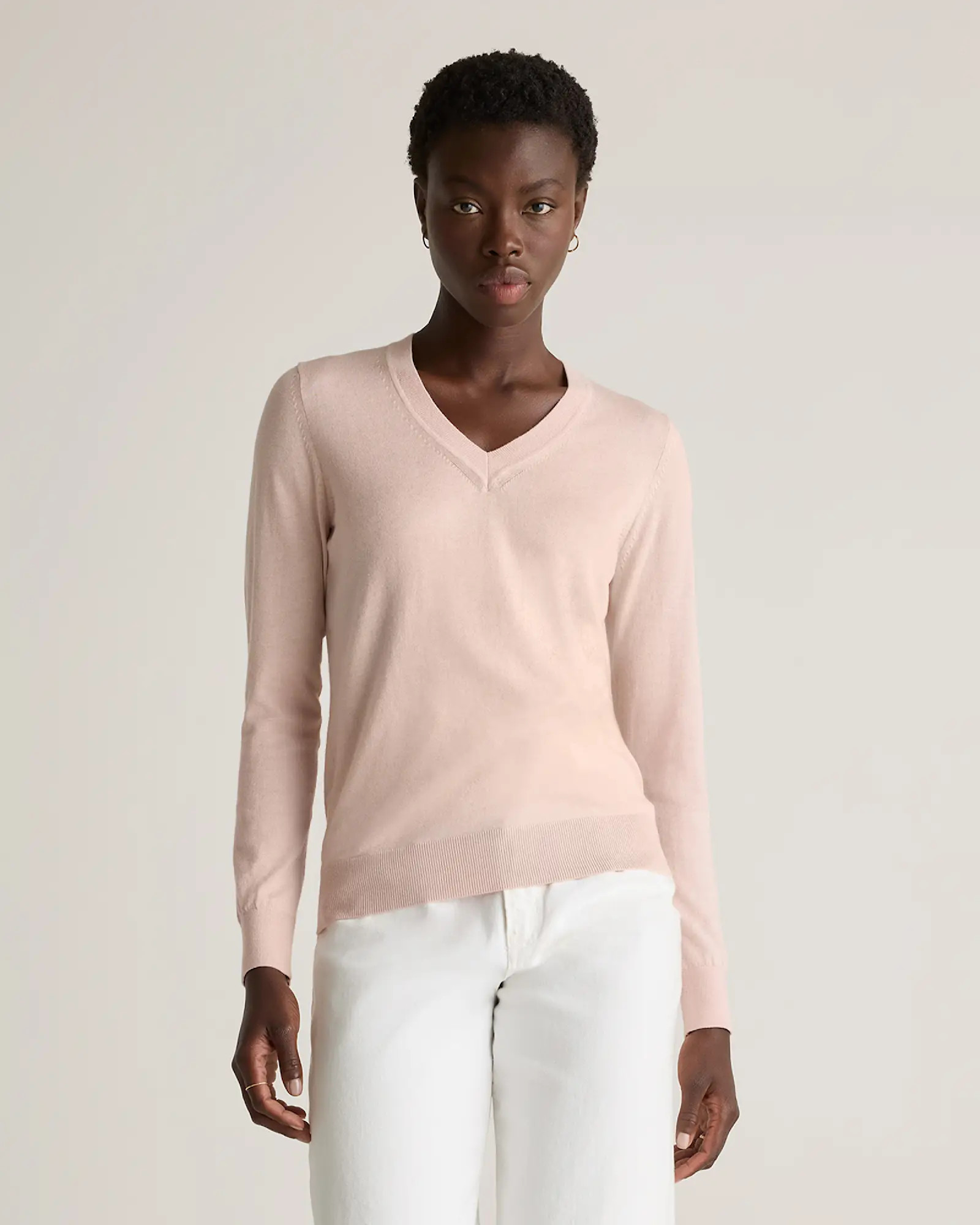 Lightweight Cotton Cashmere V-Neck Sweater in Sugar Stone | Quince