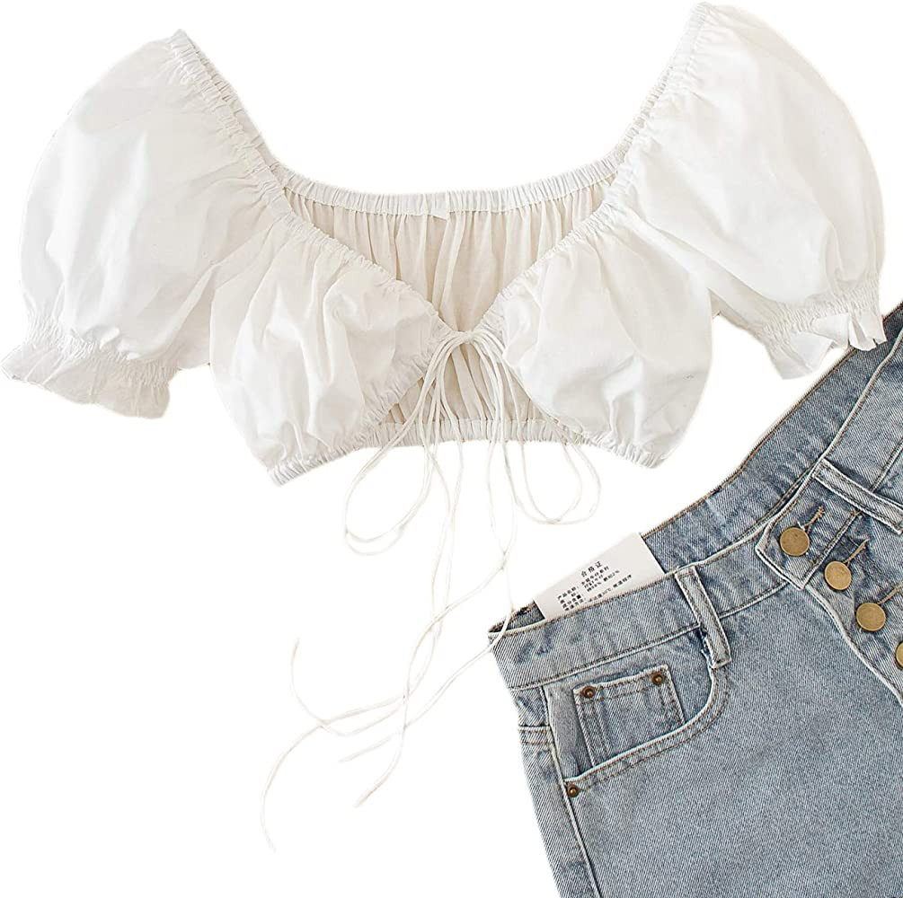 MakeMeChic Women's Solid Tie Front Ruched Puff Sleeve White Crop Top Cute Tops Cute Spring Outfits | Amazon (US)