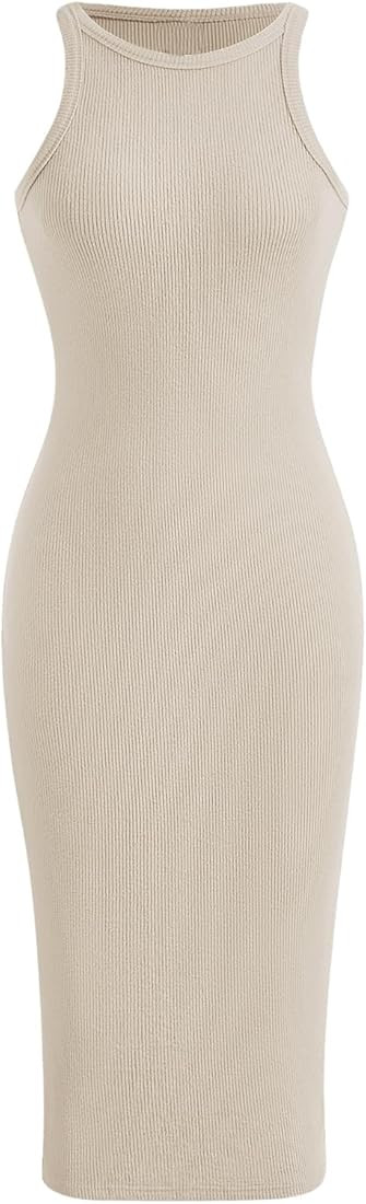 Verdusa Women's Basic Ribbed Knit Sleeveless Midi Tank Dress Crewneck Knit Bodycon Dress | Amazon (US)