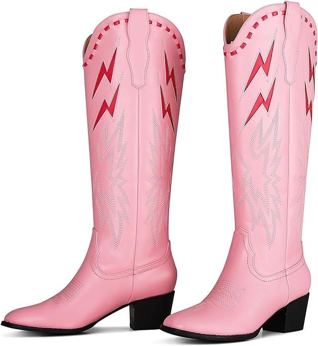 Pink Cowboy Boots for Women Almond Round Toe Chunky Mid Heel Knee High Boots Pull On Embroidered ... | Amazon (US)