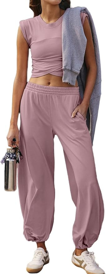 Glamaker Women's Two Piece Athletic Sets Casual Workout Sleeveless Cropped Tops High Sweatpants J... | Amazon (US)