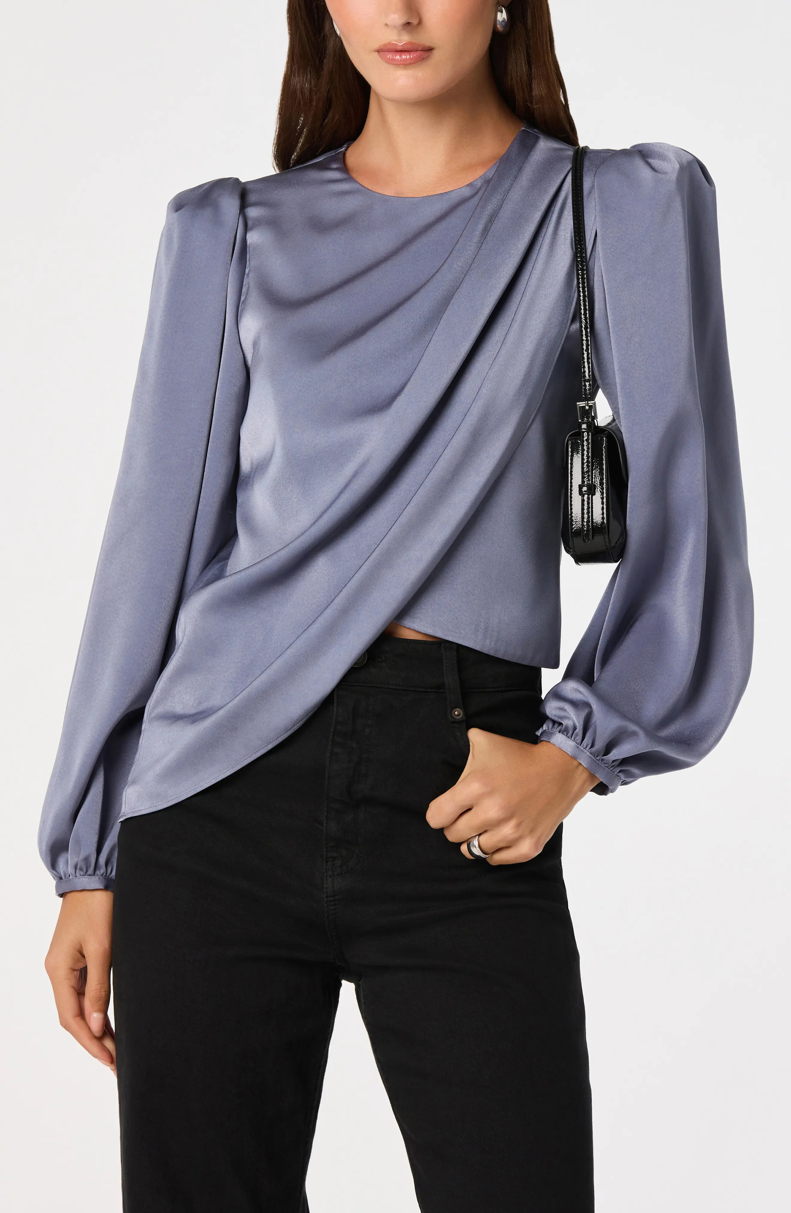 ASTR the Label Beatrice Satin Drape Top in Slate Blue at Nordstrom, Size Medium | Nordstrom