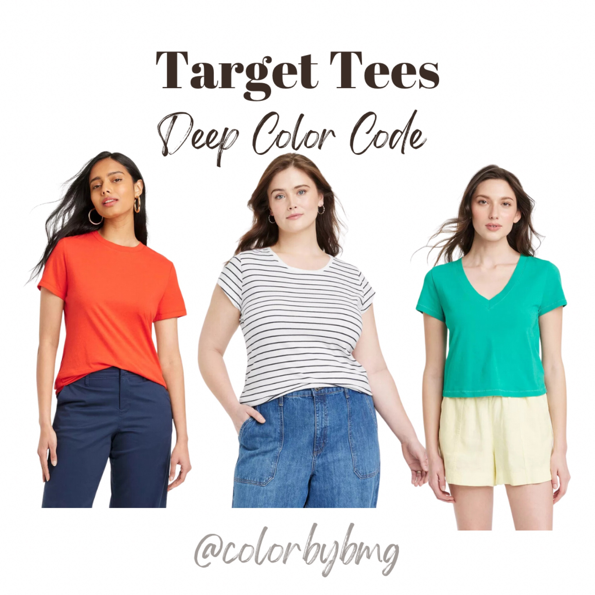Target has 20% off their women’s clothes, including these basic tees. 

Colors for Deep color code: 
1. Red
2. Navy blue stripe.
2. Emerald Green

Deep winter Deep autumn 