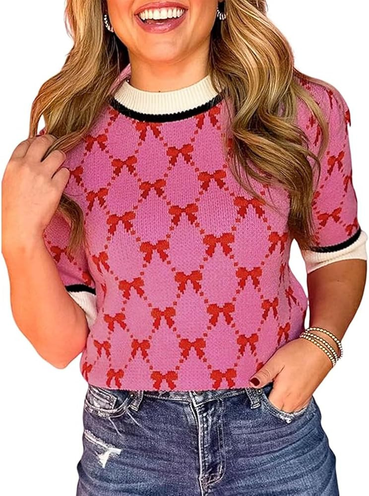 Women's Cute Crew Neck Bow Sweater Knit Shirt Loose Short Sleeve Tunic Blouse Top | Amazon (US)