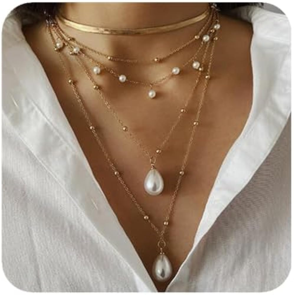Boho 5 Tier Gold Punk Chain Layered Necklace Dainty Pearls Pearls Pendant Long Choker Necklaces f... | Amazon (US)