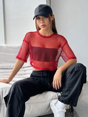 SHEIN Coolane Solid Fishnet Mesh Top Without Tube Top | SHEIN