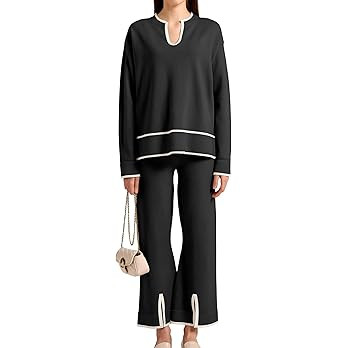 SuperPrity Women Sweater Sets 2 Piece Outfits Notch Neck Long Sleeve Knit Pullover Tops Wide Leg ... | Amazon (US)