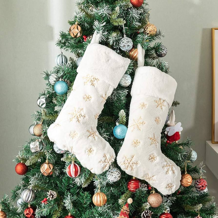 Plush Christmas Stockings White Fur 2 Pcs 22 inches Large Gold Snowflake Sequin Embroidered Stock... | Amazon (US)