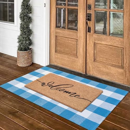 Spring Welcome Door Mats Combo Set, 100% Coco Coir Doormat + 28" x 43" Blue and White Plaid Rug, ... | Amazon (US)