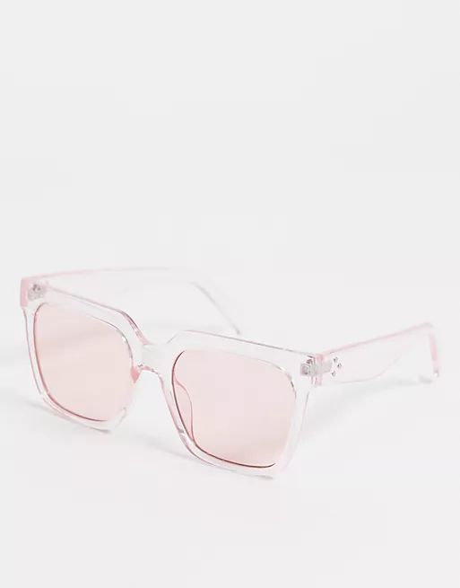 ASOS DESIGN recycled frame chunky square sunglasses in pink crystal | ASOS (Global)