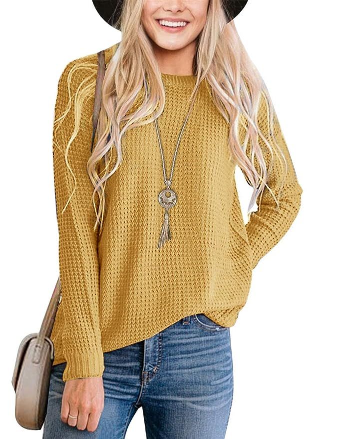 MEROKEETY Women's Long Sleeve Waffle Knit Sweater Crew Neck Solid Color Pullover Jumper Tops | Amazon (US)
