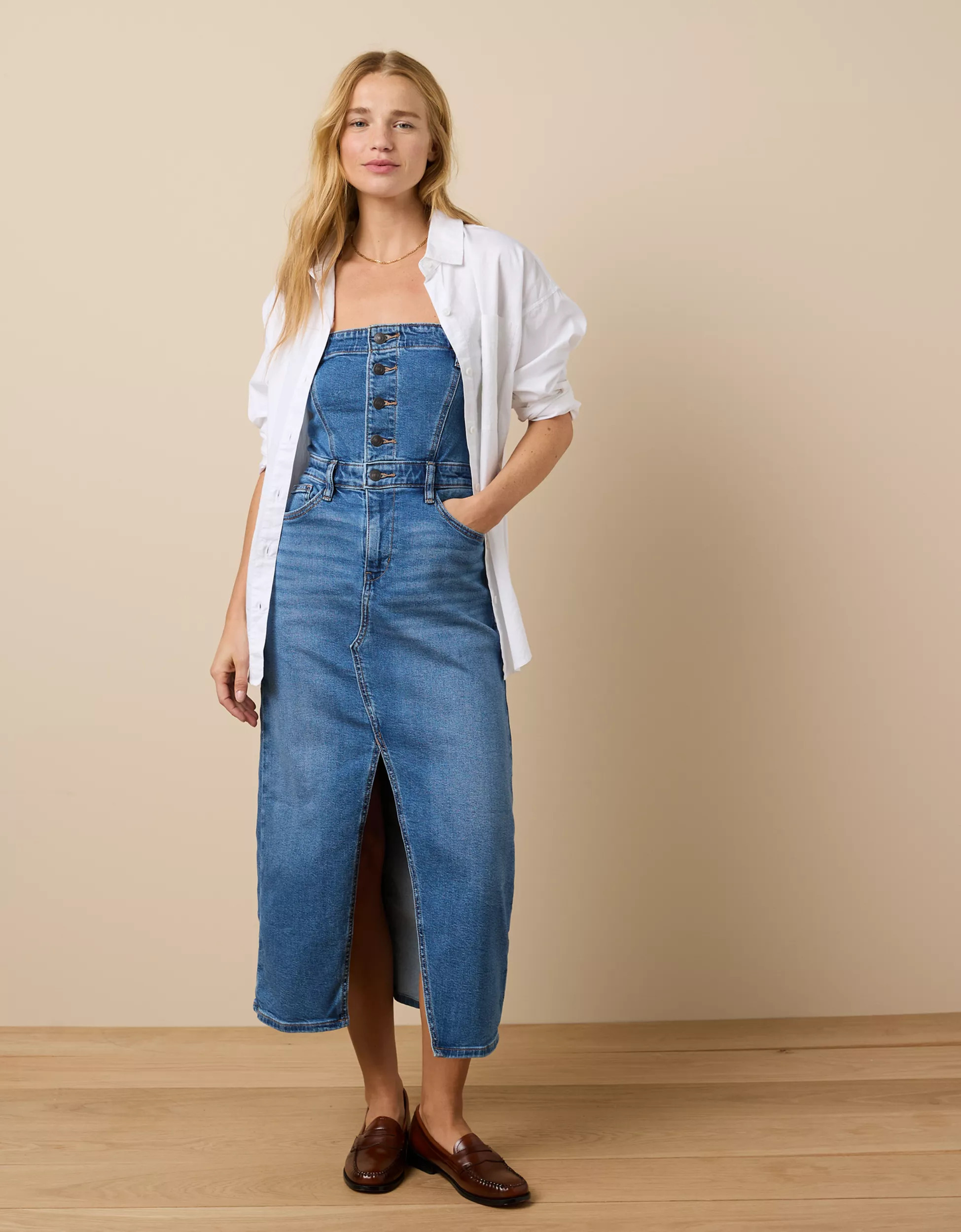 AE Denim Tube Top Midi Dress | American Eagle Outfitters (US & CA)