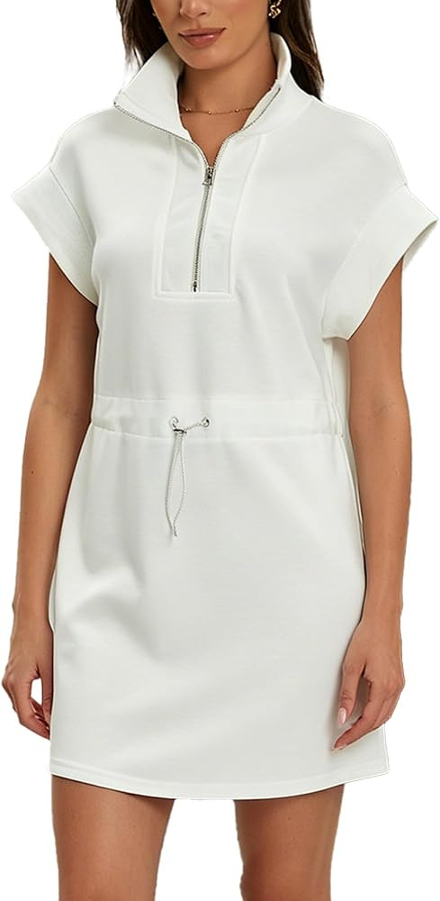 Half Zip Dress for Women, Casual Short Sleeve Drawstring Waist Summer Dress | Amazon (US)