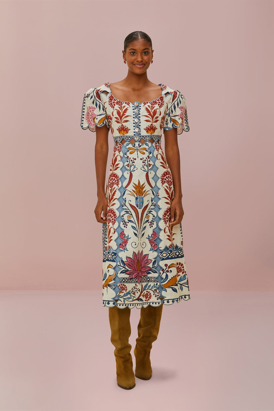 Cream Romantic Lightness Short Sleeve Midi Dress | FarmRio (US)