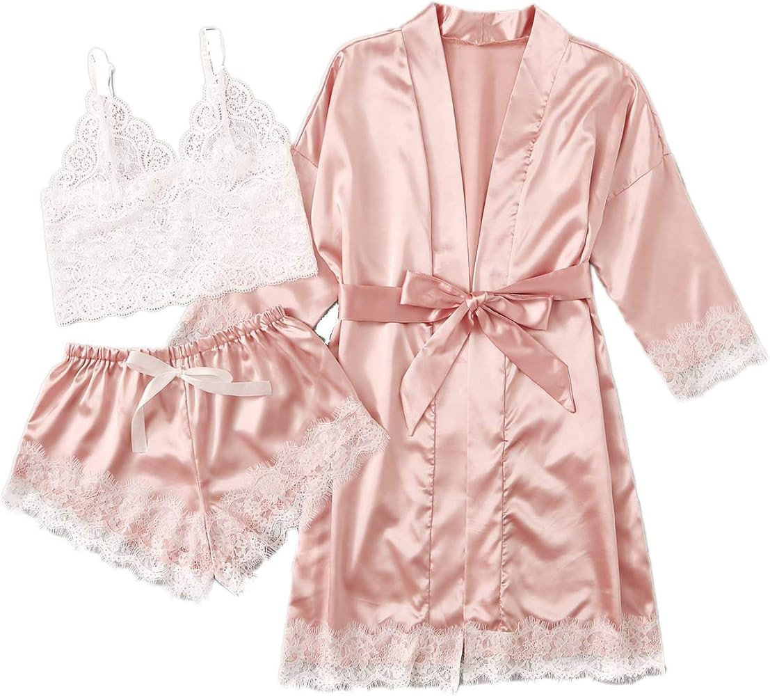 Women's Lace 3 Piece Satin Robe and Pajama Set with Robe Camisole Sleep Shorts | Amazon (US)