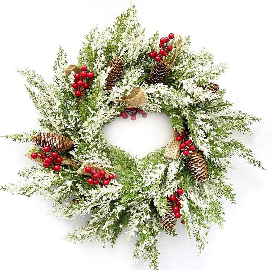 23” Artificial Christmas Wreath for Front Door with Pine Cone, Red Berries, Burlap Ribbon & Sno... | Amazon (US)