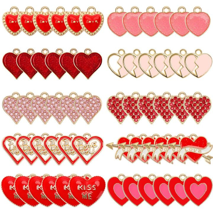 60pcs Valentines Heart Charms for Jewelry Making, Assorted Heart Charms Gold Enamel Pendant for B... | Amazon (US)
