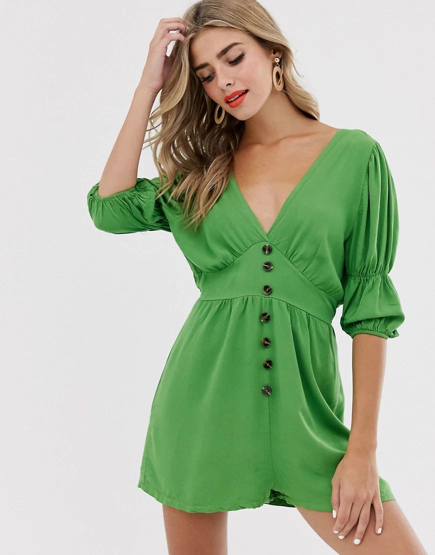 Boohoo playsuit with puff sleeve in green | ASOS (Global)