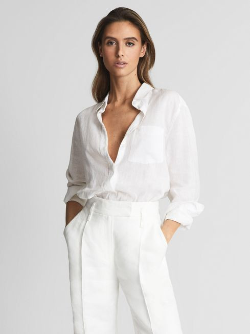 Reiss White Campbell Linen Long Sleeve Shirt | Reiss US