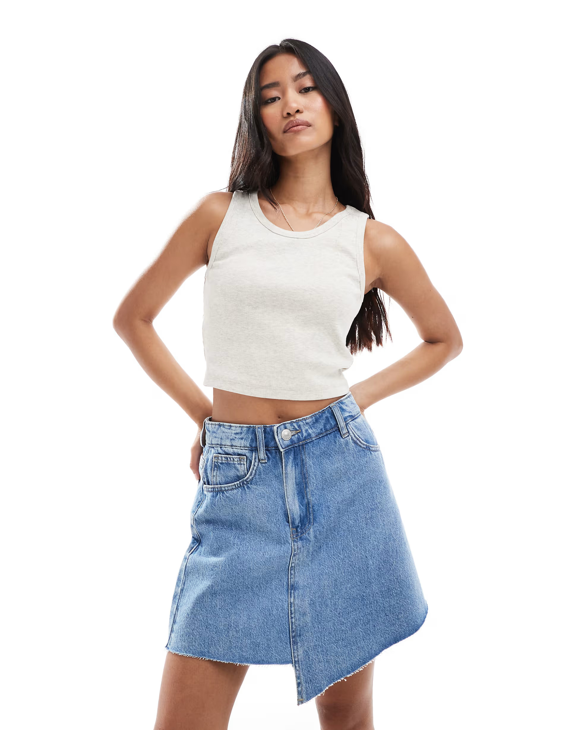 Pieces asymmetric hem detail denim mini skirt in light blue wash | ASOS (Global)