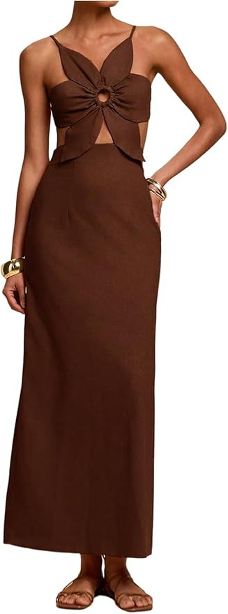 SHENHE Women's Petal Backless Linen Maxi Dress Cut Out Vacation Zipper Long Dresses | Amazon (US)