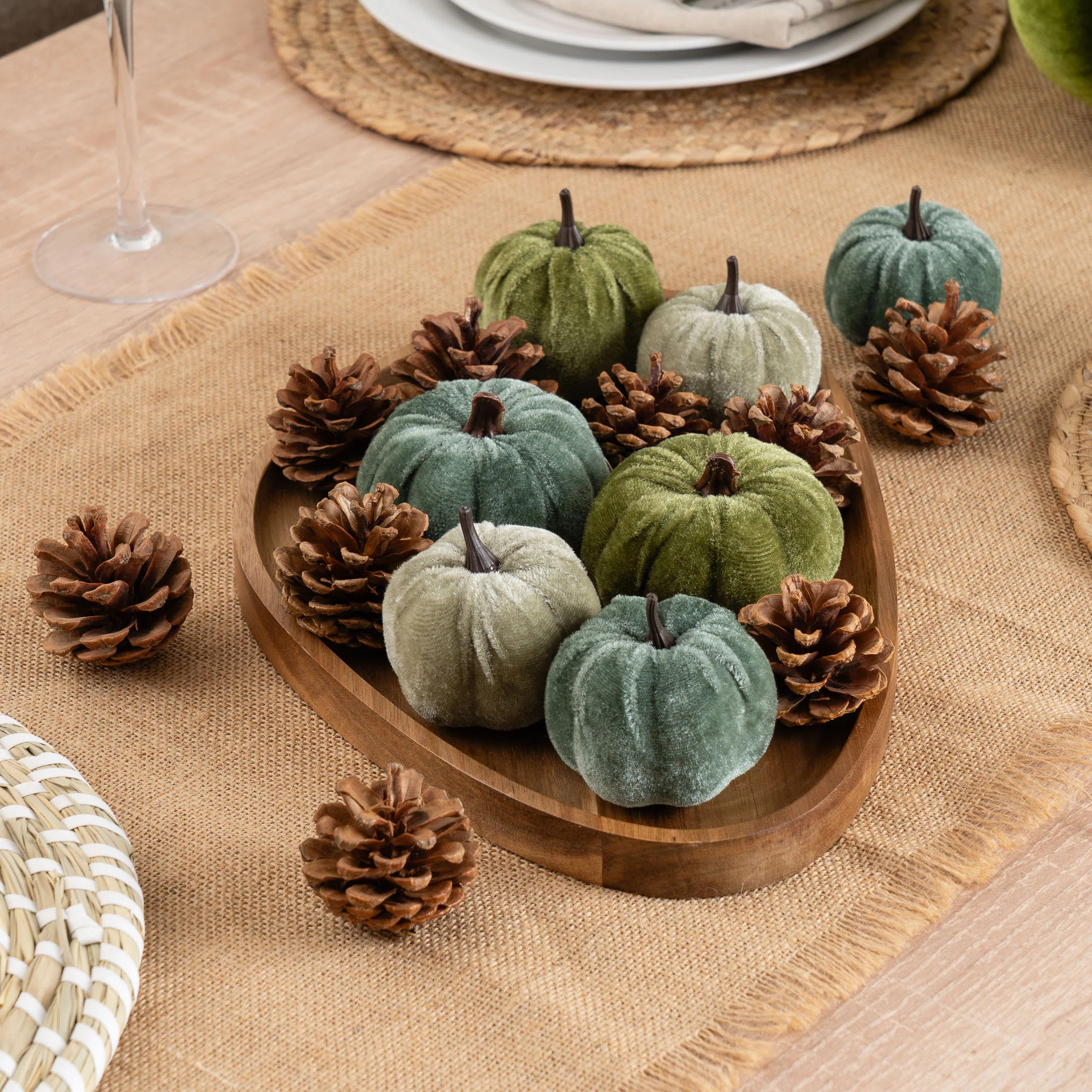 Set of Green/Blue Velvet Pumpkins and Pinecones | Wayfair UK