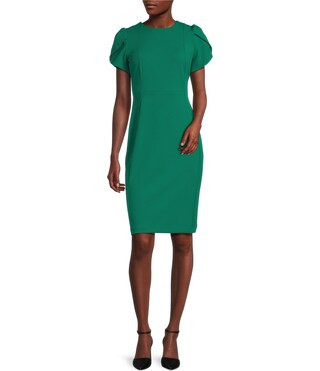 Scuba Crepe Short Petal Sleeve Crew Neck Sheath Dress | Dillard's