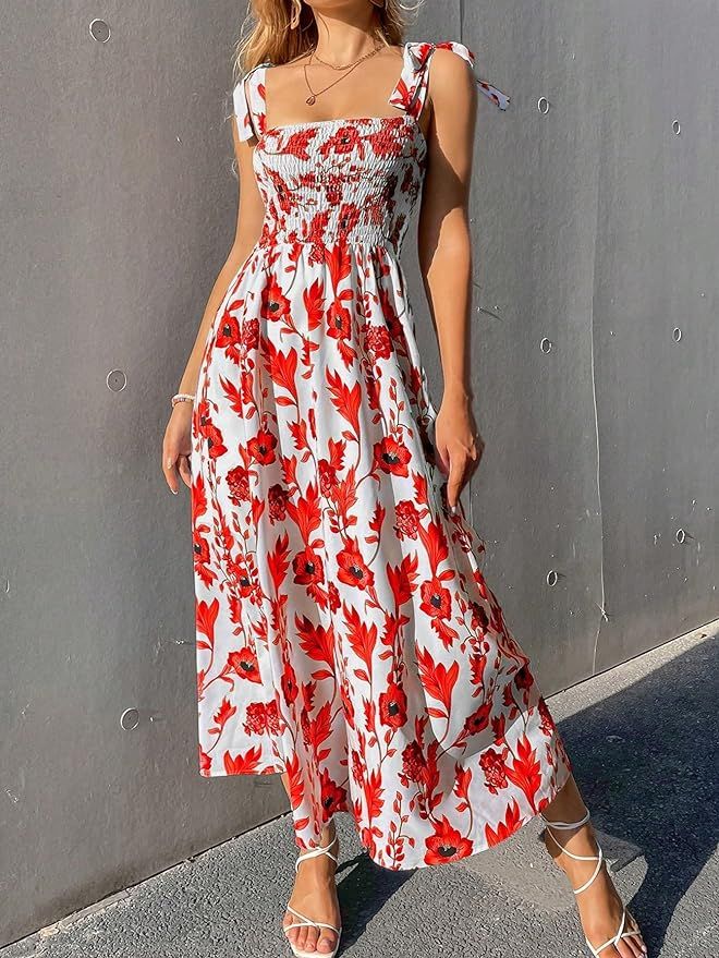 MakeMeChic Women's Floral Print Square Neck Shirred Sleeveless Long Summer Dress | Amazon (US)