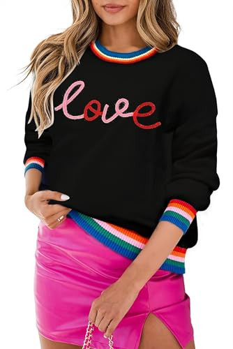 HQP Valentines Sweater Women Love Heart Graphic Valentine's Long Sleeve Casual Knitted Sweaters Pullover Tops | Amazon (US)