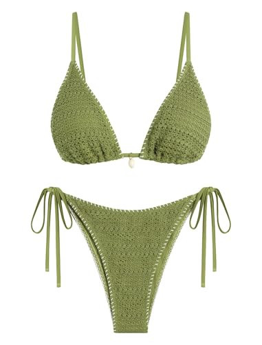 ZAFUL Women's Sexy Triangle Bikini Set Crochet Tie Side String Cheeky Swimsuit 2 Piece Bathing Suits Green | Amazon (US)