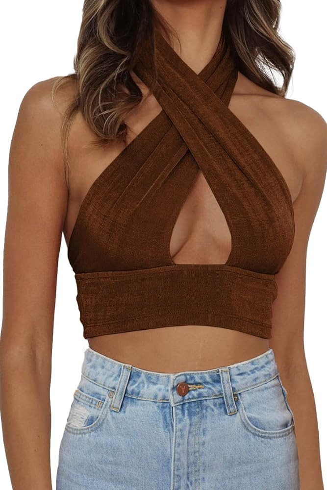 Dealmore Women's 2023 Summer Crop Top Halter Neck Criss Cross Backless Tops Sexy Going Out Y2k Ca... | Amazon (US)