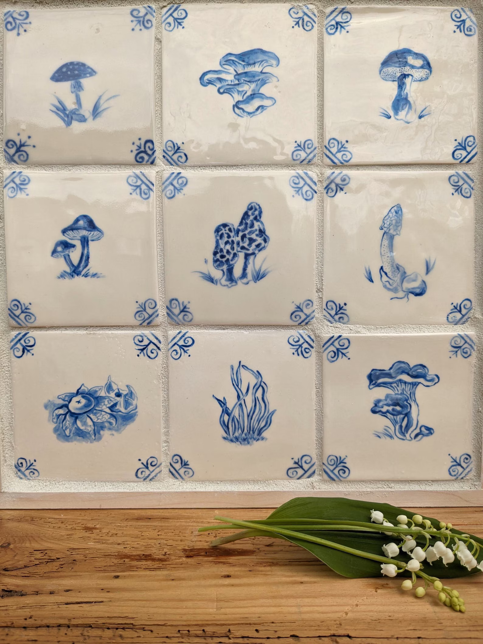 Handmade & Hand Painted Mushroom Motif Delft Inspired Porcelain Tiles for Kitchen Bathroom Backsp... | Etsy (US)