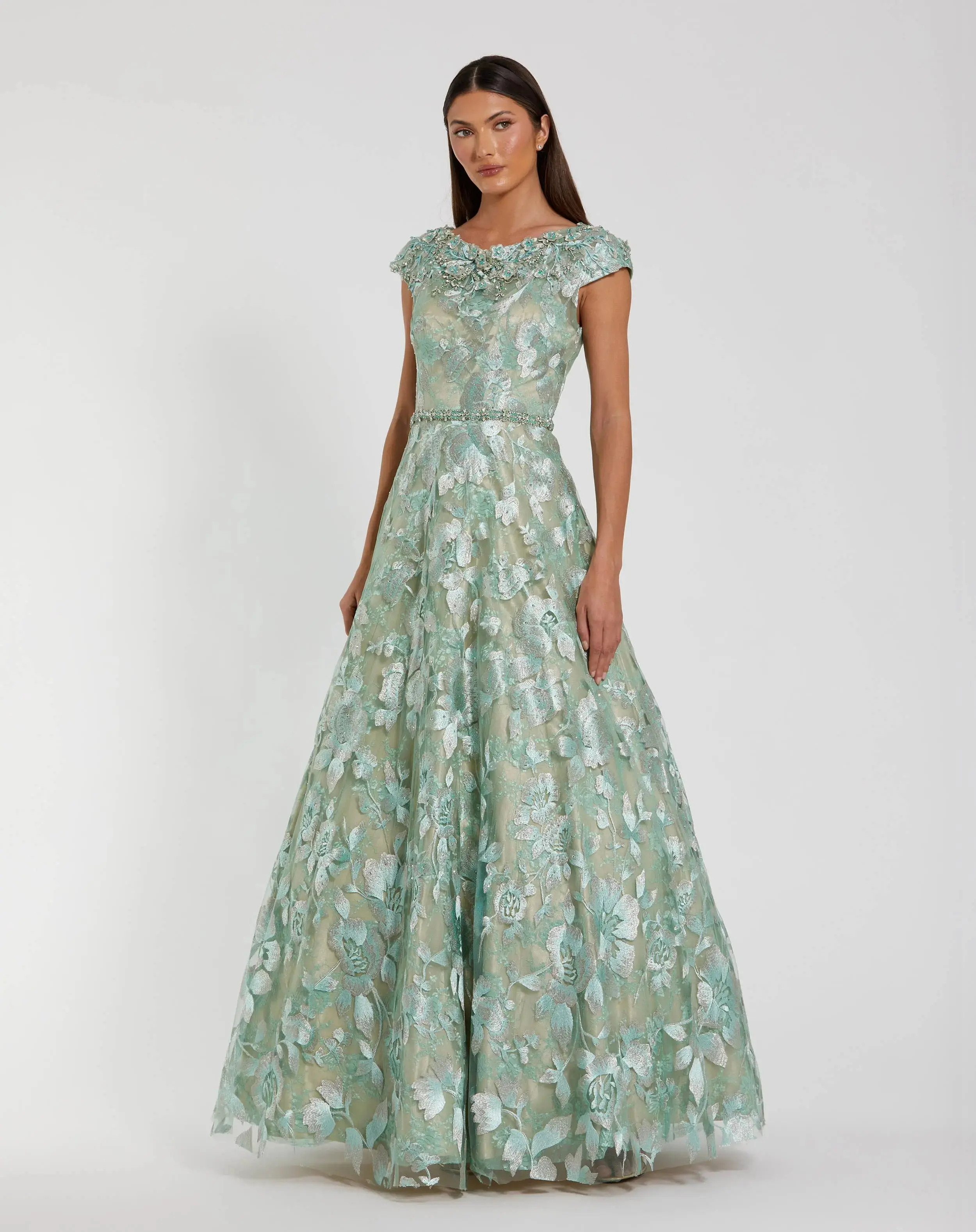 Green Embellished Cap Sleeve High Neck A-Line Ballgown | Mac Duggal | Mac Duggal