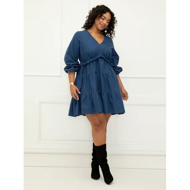 ELOQUII Elements Women's Plus Size Easy Tiered Dress With Ruffle - Walmart.com | Walmart (US)