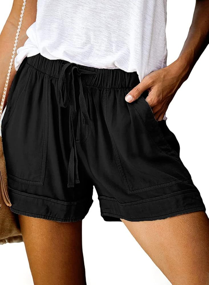 ANGGREK Womens Elastic Waist Casual Drawstring Shorts Summer Beach Shorts Comfy Ruffle Hem Short ... | Amazon (US)