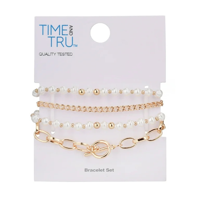 Time and Tru Adult Women's Gold Tone and Faux Pearl Bracelet Set, 4 Piece | Walmart (US)