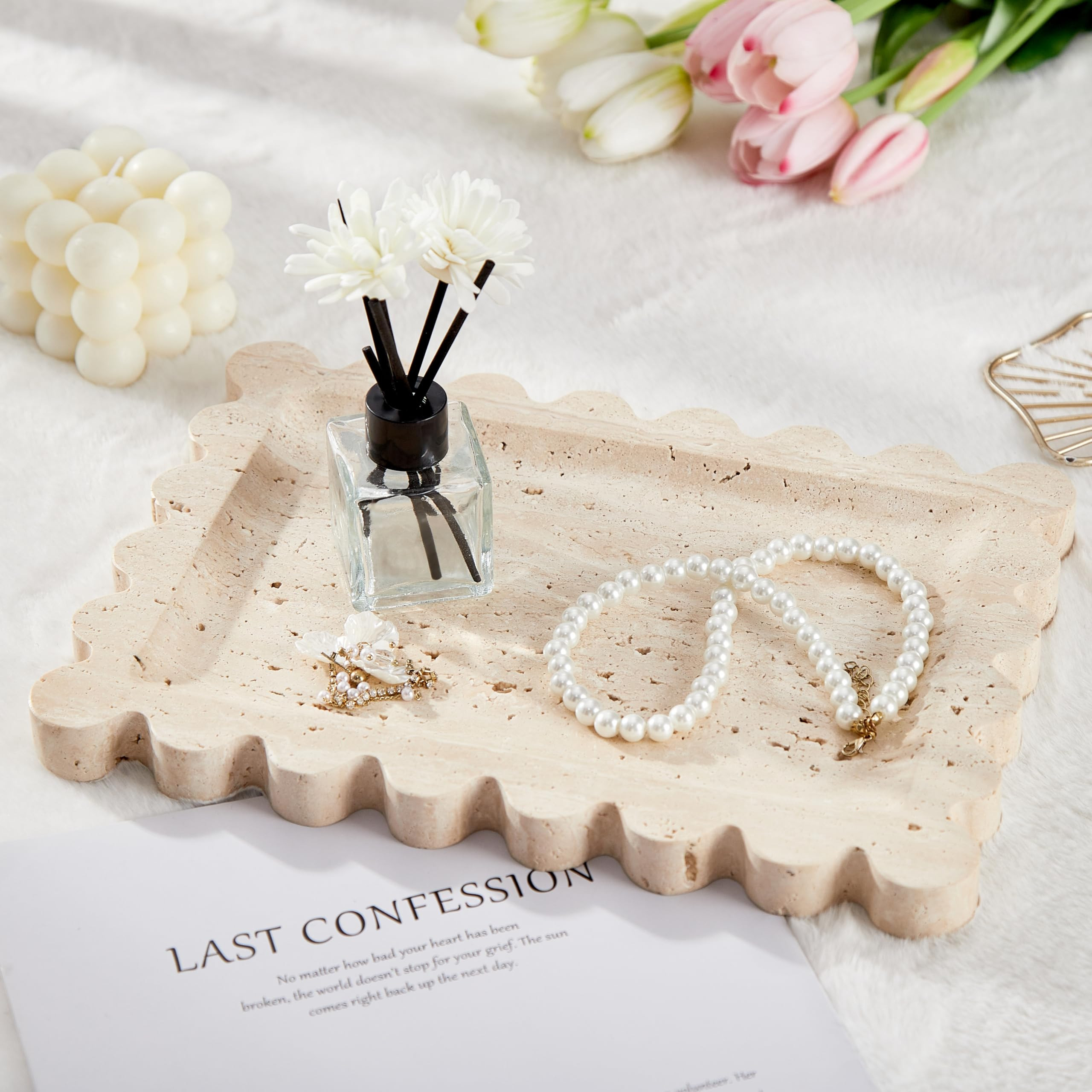 Denique Natural Travertine Rectangle Vanity Tray, Scalloped Edge, Beige Decorative Stone Storage ... | Amazon (US)