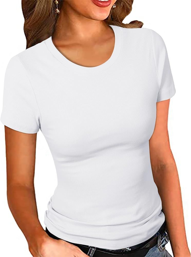 PALINDA Women's Crew Neck Ribbed Fitted Shirt Basic Short Sleeves Summer T Shirt Tops | Amazon (US)