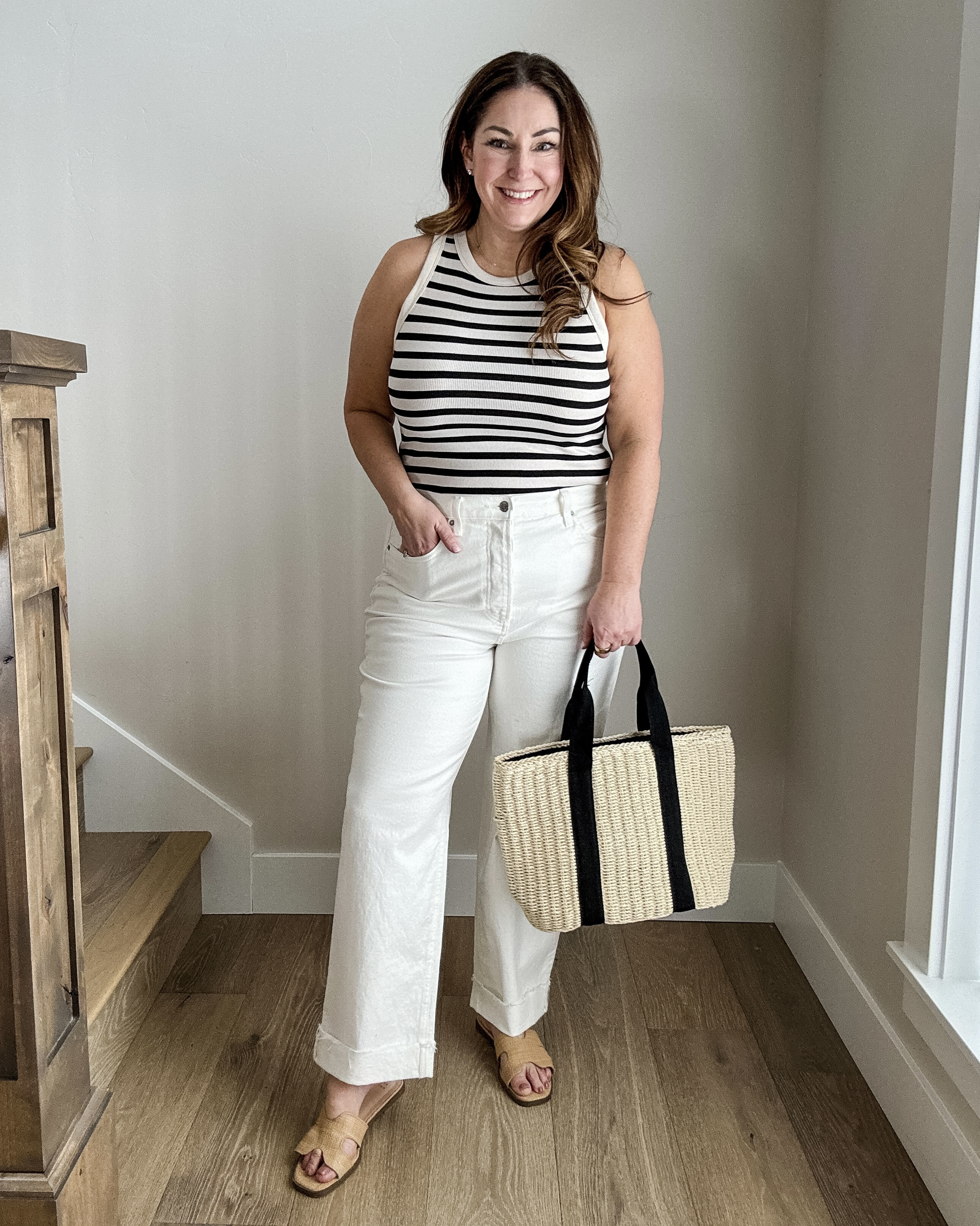 Spring casual outfit with striped tank and white straight-leg jeans. | Wearing tank tts, L and Jeans 

 

#LTKSeasonal #LTKOver40 #LTKMidsize