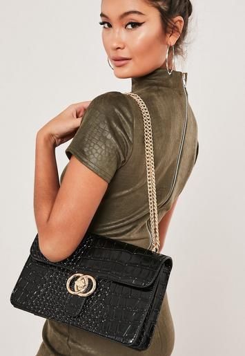 Black Croc Double Ring Chain Bag | Missguided (US & CA)