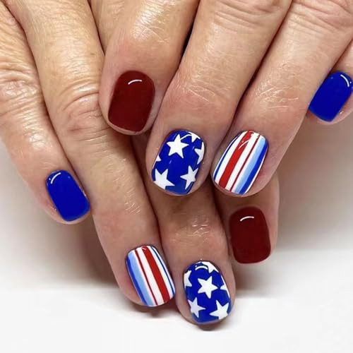 24 Pcs 4th of July Press on Nails Short Fake Nails Independence Day Glue on Nails Red Blue Stripe Five-pointed Star Designs Square Acrylic False Nails Patriotic Stick on Nails for Woman Manicure Decor | Amazon (US)