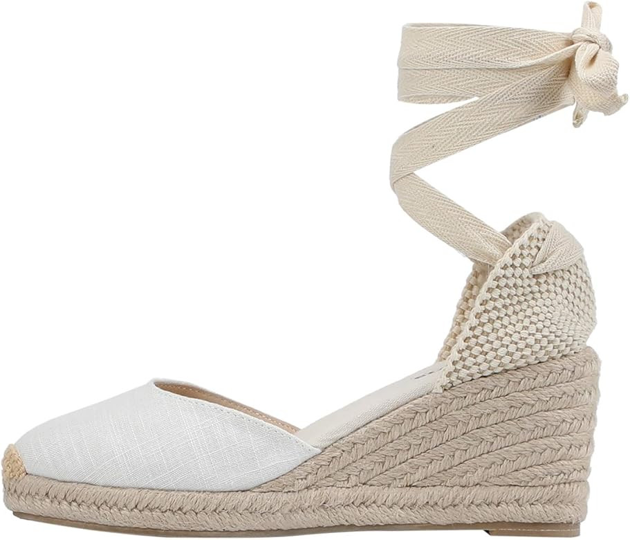 Women’s Platform Wedges Espadrilles, 3" Wedge, Soft Ankle-Tie Strap, Closed Toe, Classic Summer Sand | Amazon (US)