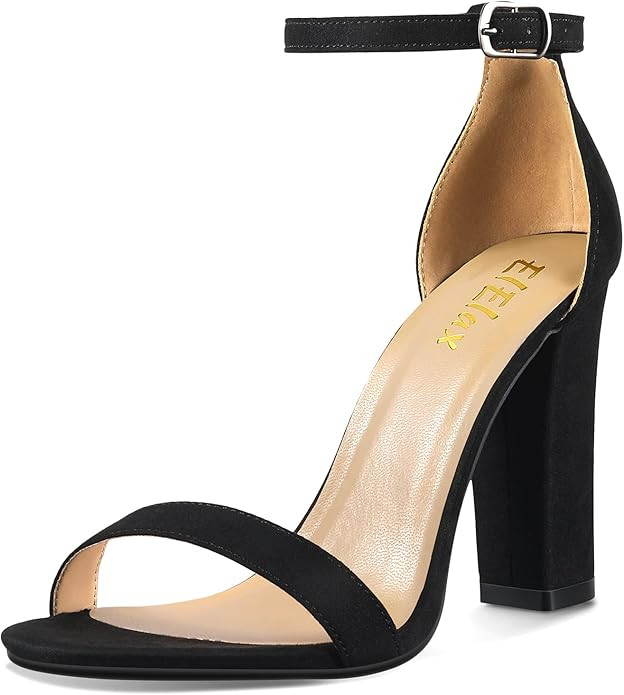 ElElax Nude Black Silver Heels for Women Chunky, 4 Inches Block High Heels Strappy Womens Heels O... | Amazon (US)