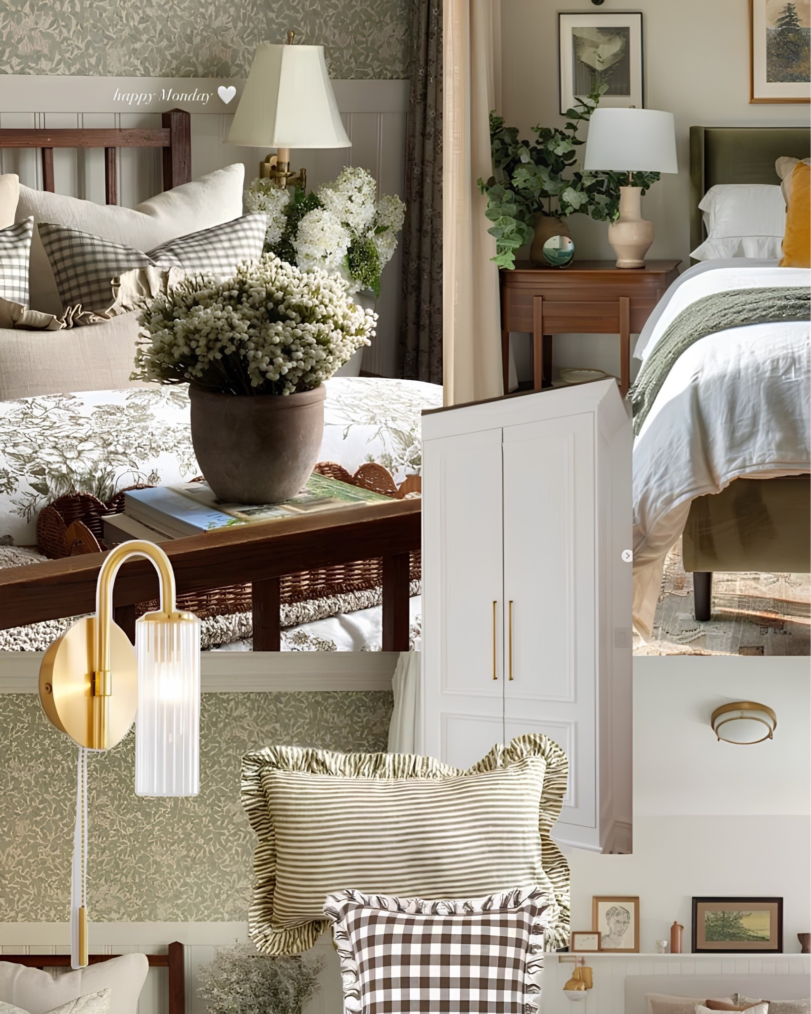 A bedroom that feels like a deep breath ✨ 

Gingham pillows, floral bedding, a brass sconce, ruffled cushions, a classic wardrobe, and all the layered greens and warm wood tones that make a room feel calm and completely at home. 

All linked here 🤍 

#LTKhome